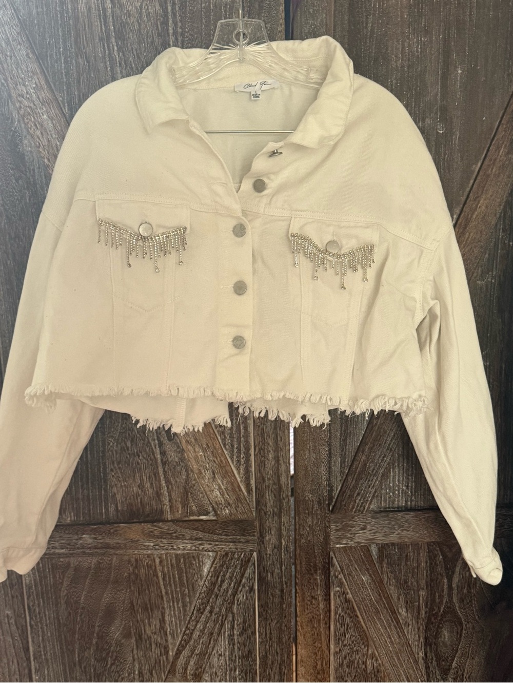 Cloud Ten Cuffed Glam Cropped Jacket in Cream with Embellished Pockets